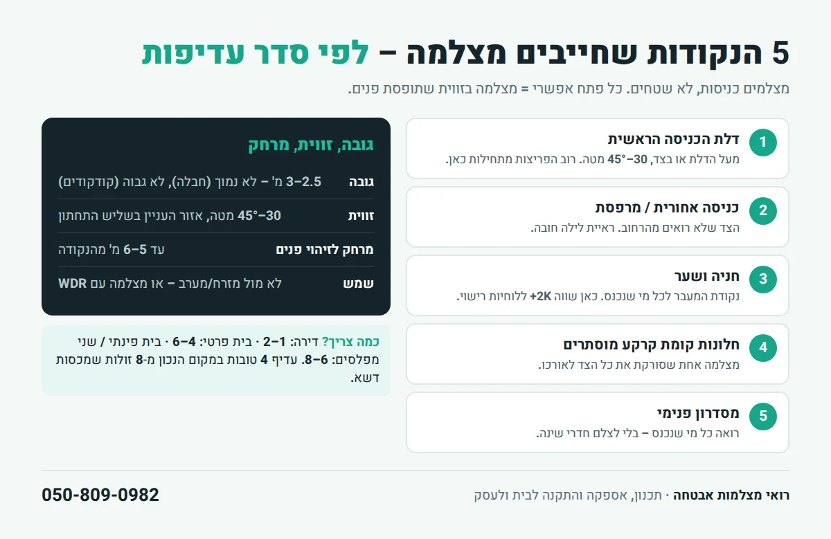 5 הנקודות שחייבים מצלמת אבטחה לפי סדר עדיפות – דלת כניסה, כניסה אחורית, חניה, חלונות קומת קרקע, מסדרון – וגובה, זווית ומרחק מומלצים